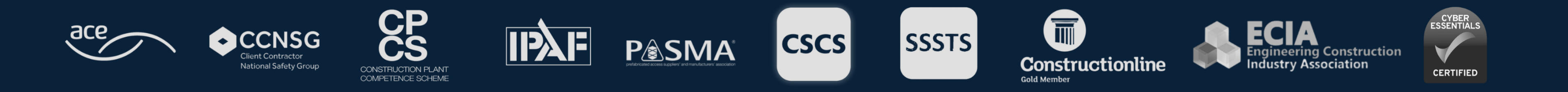 Various certification logos including ace, CCNSG, CPCS, IPAF, PASMA, CSCS, SSSTS, Constructionline Gold Member, ECIA and Cyber Essentials.